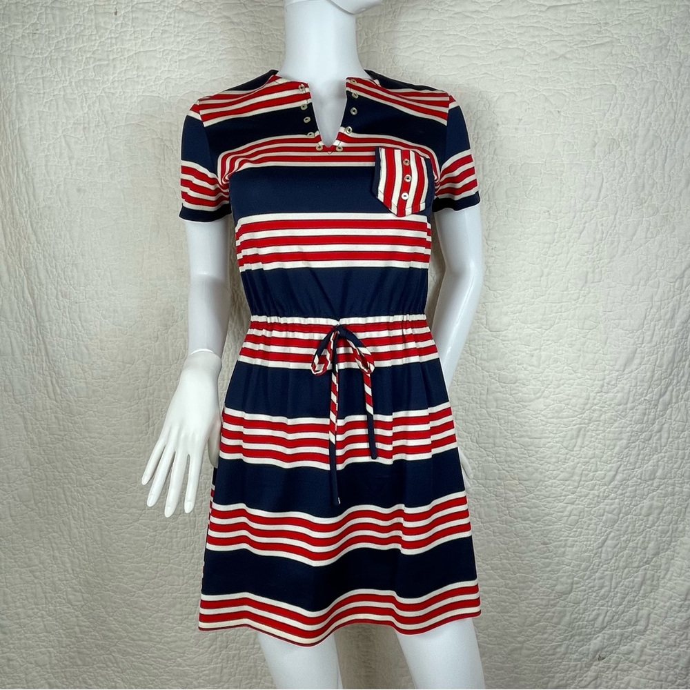 🔥Vintage 60s Jeune Leique Striped Red Blue Mini Dress Retro Preppy Nautical